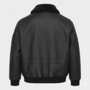 Classic flight jacket style with a modern black finish. High-quality leather that feels soft and looks professional. Removable furry collar to change your look in seconds. Warm ribbed waist and cuffs to keep the winter chill away.