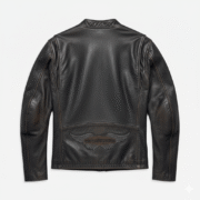 Genuine distressed cowhide leather offers a timeless vintage appearance. Ergonomic action back design ensures total comfort during long rides. Classic racing patches provide an authentic and heritage-inspired look. Functional zippered pockets and armor-ready lining enhance rider utility.