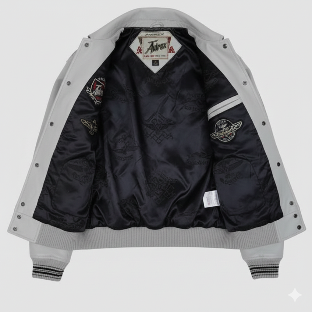 Avirex Leather Varsity Jacket Light Grey Premium Streetwear Style
