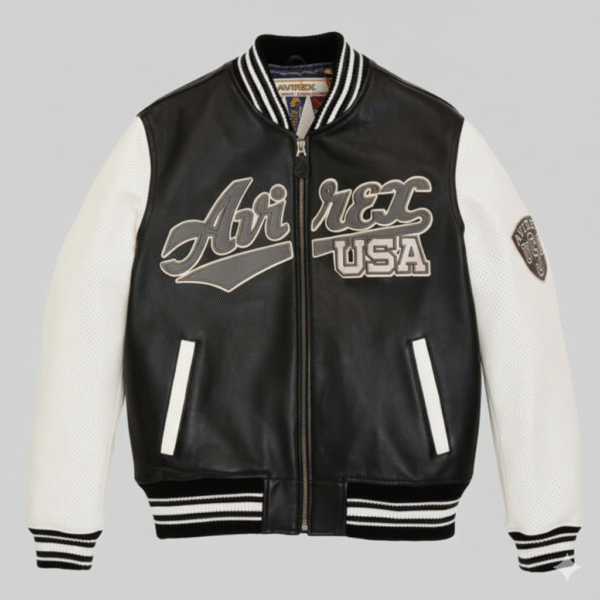 Avirex Leather Varsity Jacket Black and White Mens Streetwear