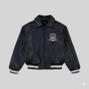 Avirex Navy Blue Leather Varsity Jacket with Iconic Shield Patch