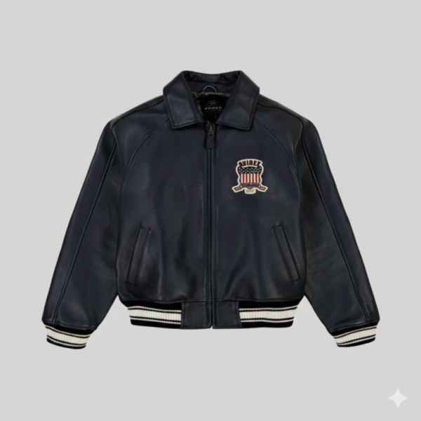 Avirex Navy Blue Leather Varsity Jacket with Iconic Shield Patch