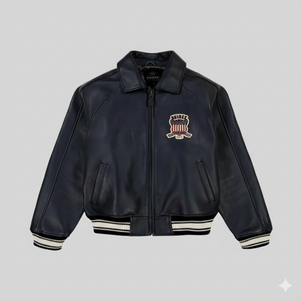 Avirex Navy Blue Leather Varsity Jacket with Iconic Shield Patch