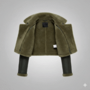 Olive Cropped Shearling Jacket Premium Leather Women Winter