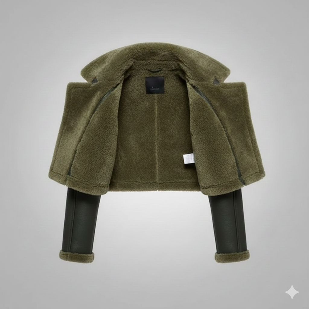 Olive Cropped Shearling Jacket Premium Leather Women Winter