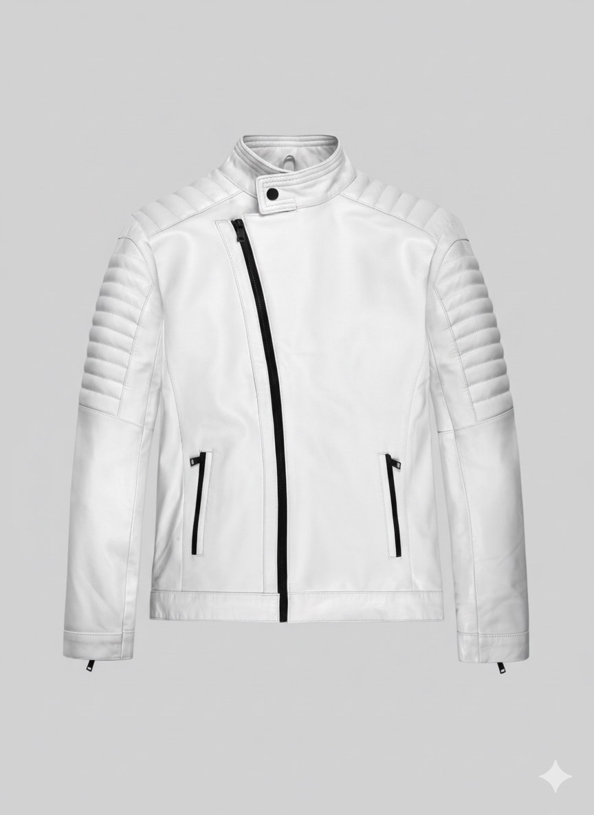 Vin Diesel Leather Jacket White Biker Style Padded Men Moto