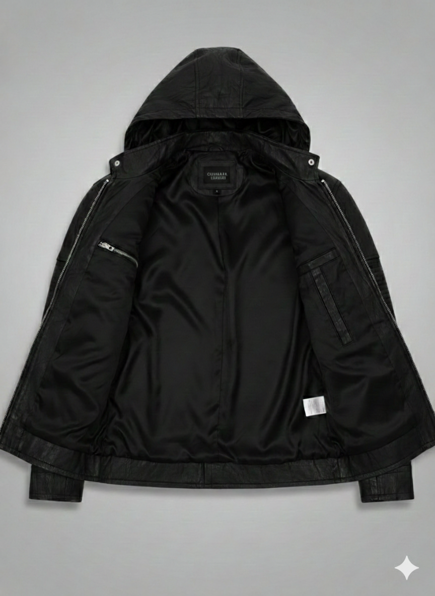 Ghost Protocol Leather Jacket Mens Slim Fit Black Hooded Biker