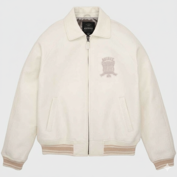 Avirex Leather Varsity Jacket White Premium Men Fashion Outfit
