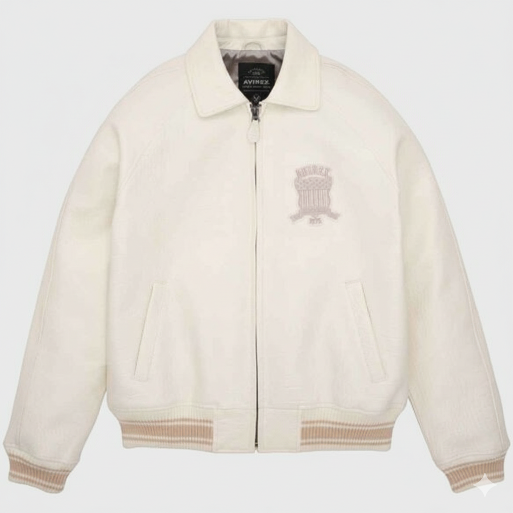 Avirex Leather Varsity Jacket White Premium Men Fashion Outfit