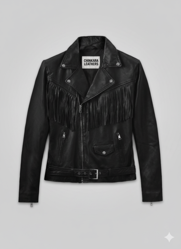Fringe Leather Biker Jacket for Men with Premium Black Hide