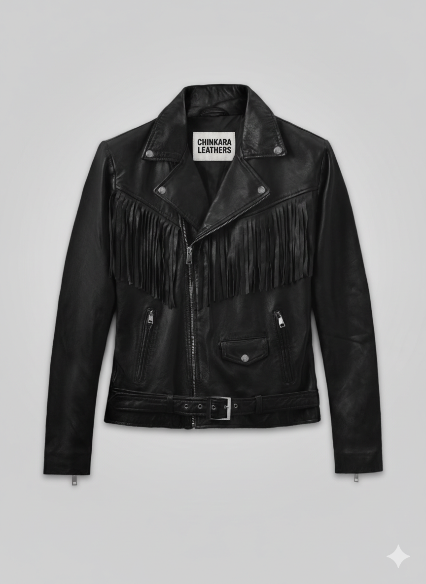 Fringe Leather Biker Jacket for Men with Premium Black Hide