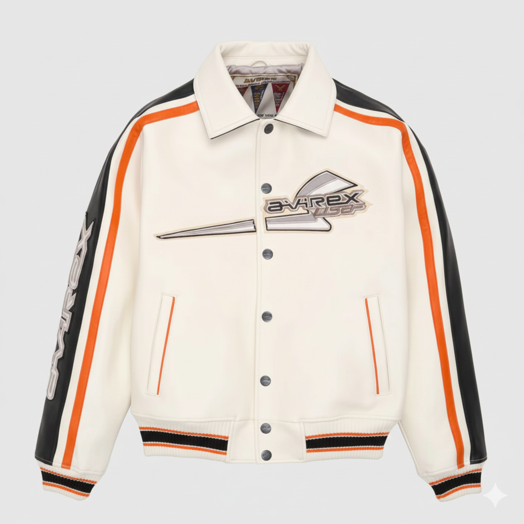 Avirex Leather Varsity Jacket White Orange Black Retro Outerwear