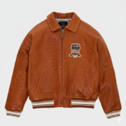 Avirex USA Leather Jacket Brown Varsity Bomber Croc Emboss