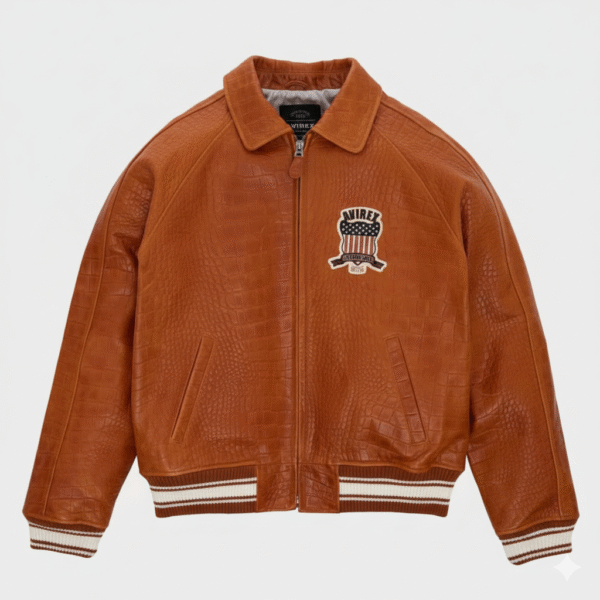 Avirex USA Leather Jacket Brown Varsity Bomber Croc Emboss