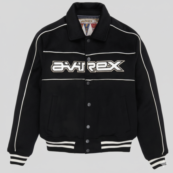 Avirex Black Aviator Varsity Jacket Wool Leather Sleeves