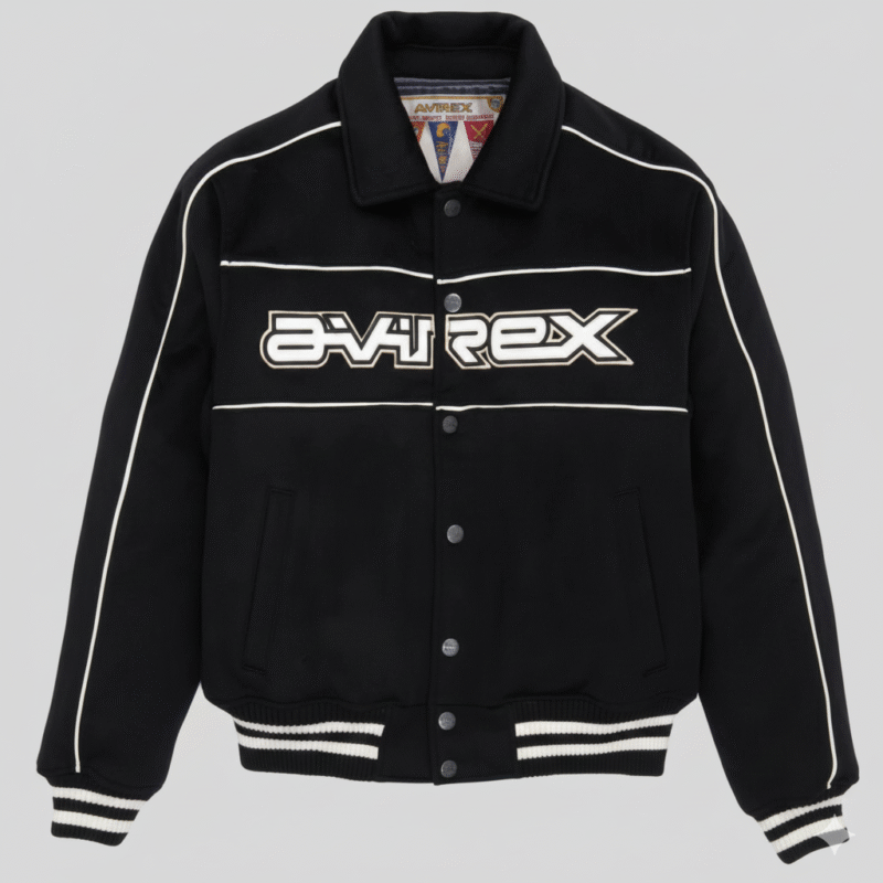 Avirex Black Aviator Varsity Jacket Wool Leather Sleeves