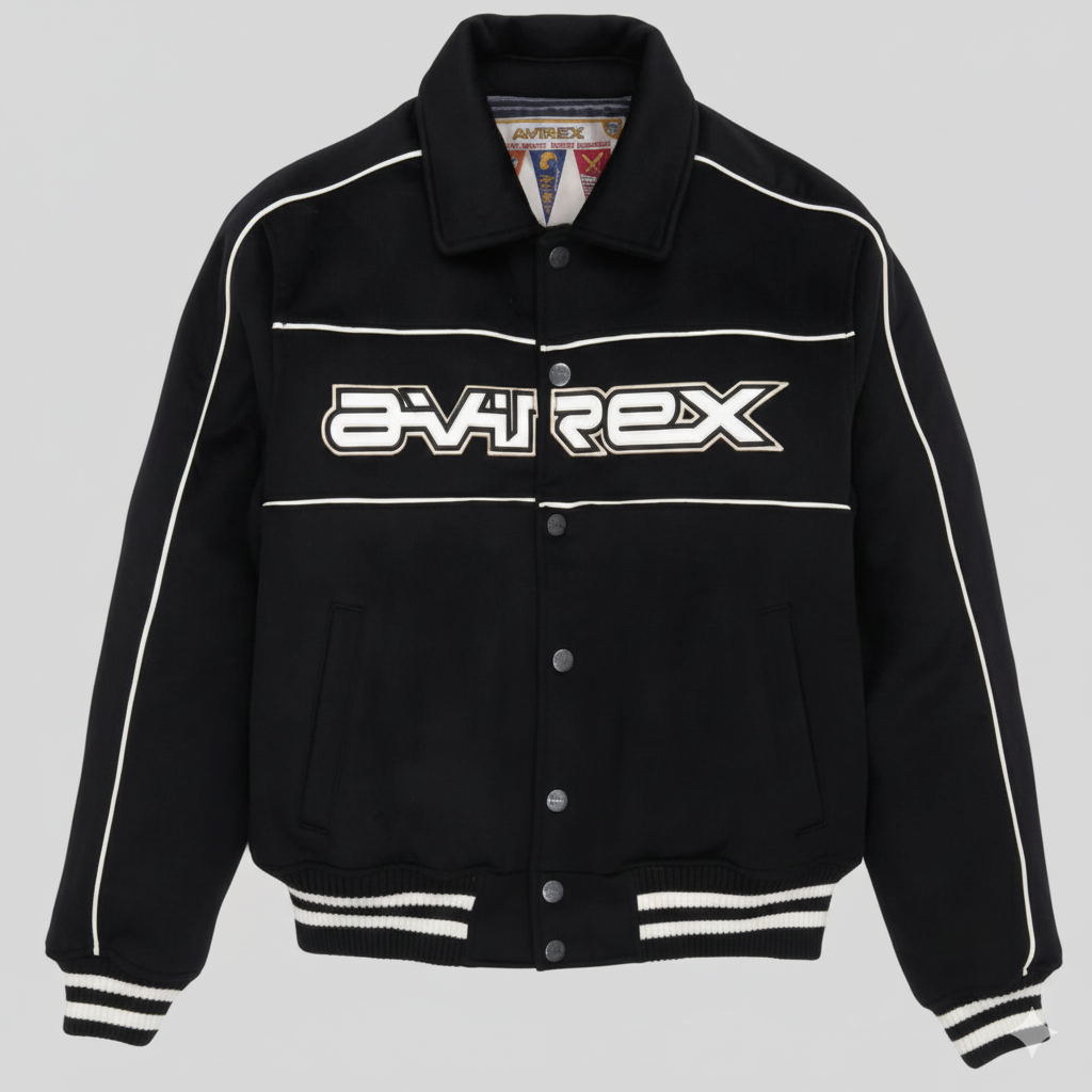 Avirex Black Aviator Varsity Jacket Wool Leather Sleeves