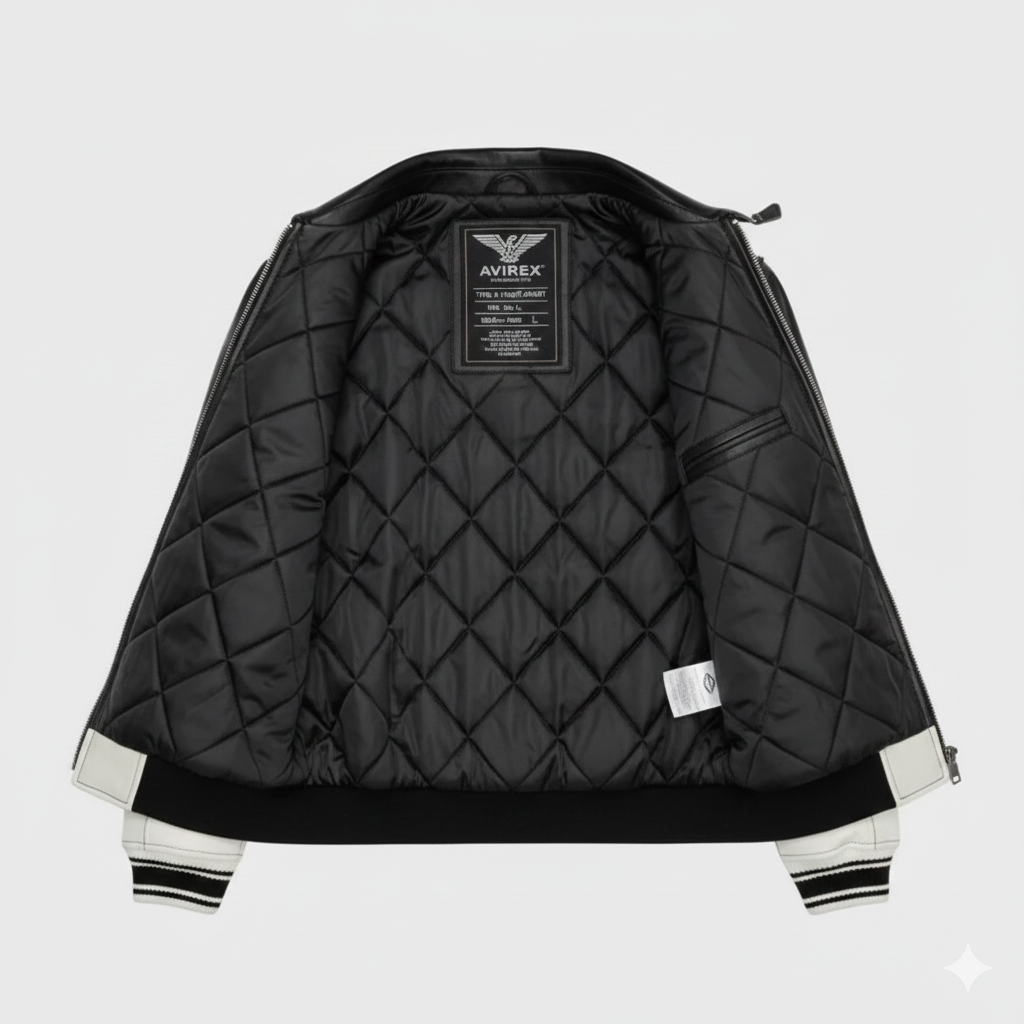 Avirex Ombre Leather Jacket Black White Varsity Bomber Style