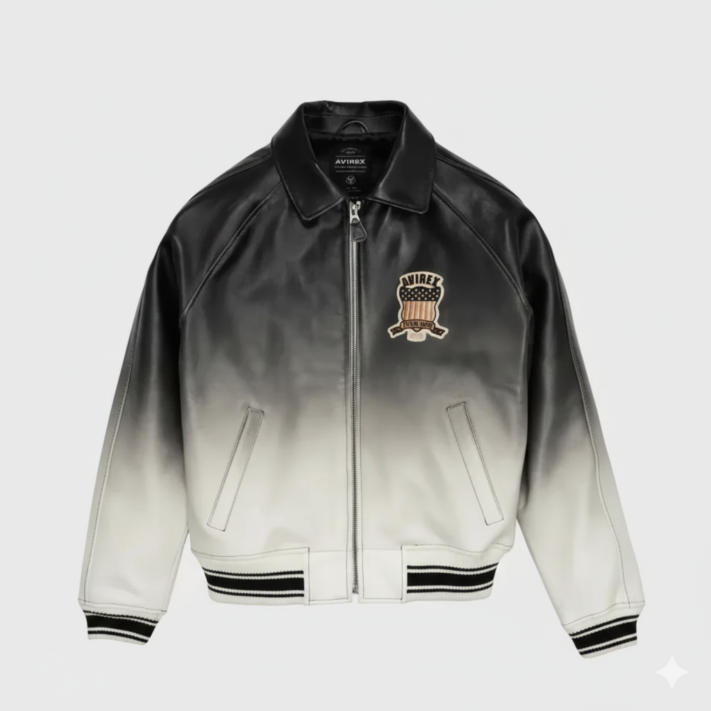 Avirex Ombre Leather Jacket Black White Varsity Bomber Style