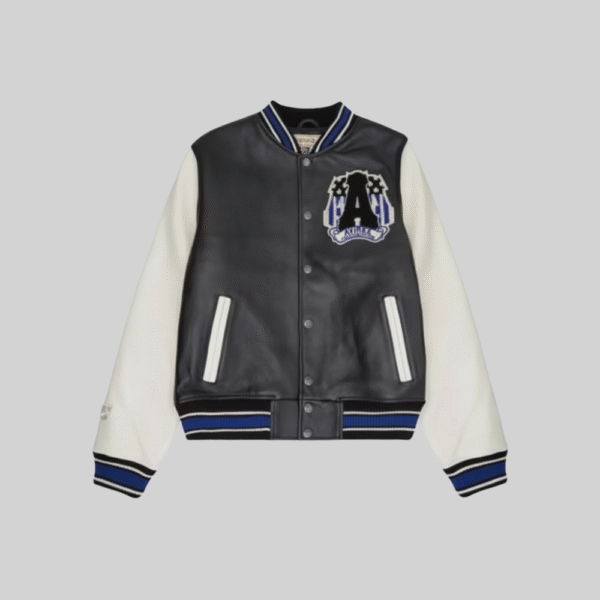 Avirex Black Varsity Jacket White Sleeves And Blue Striped Ribbing