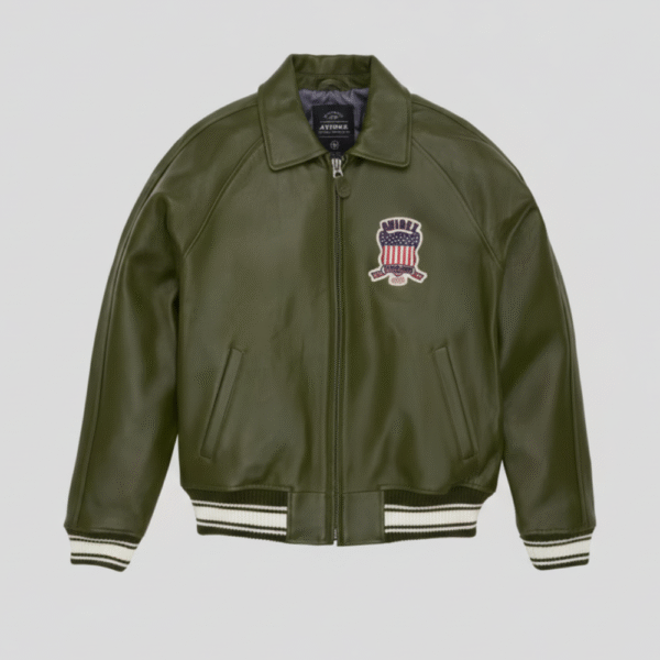 Avirex Green Leather Varsity Jacket Men Aviator Style Outerwear