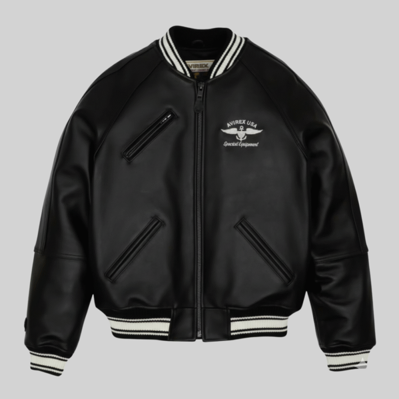 Avirex Black Leather Varsity Bomber Jacket Premium Outerwear