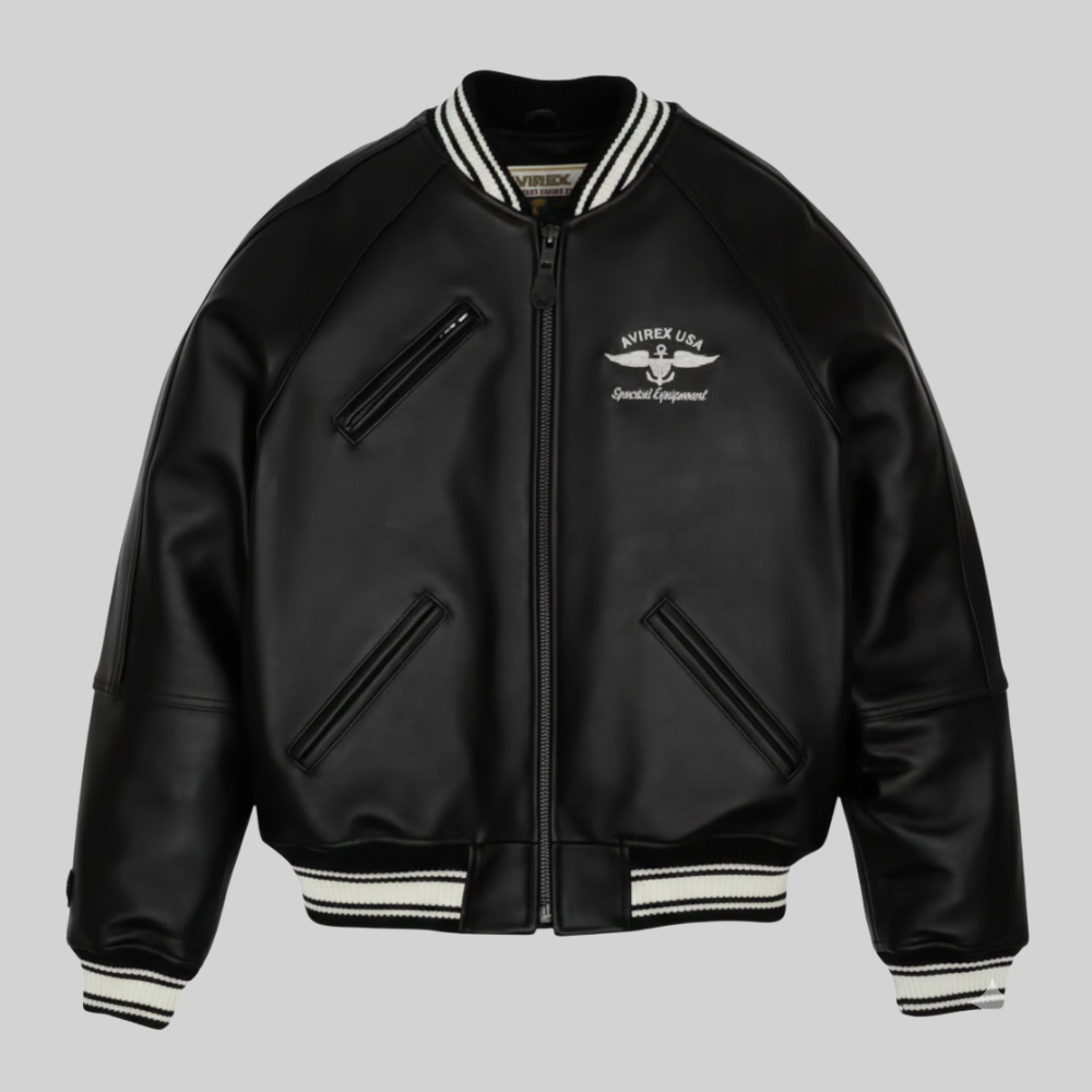 Avirex Black Leather Varsity Bomber Jacket Premium Outerwear