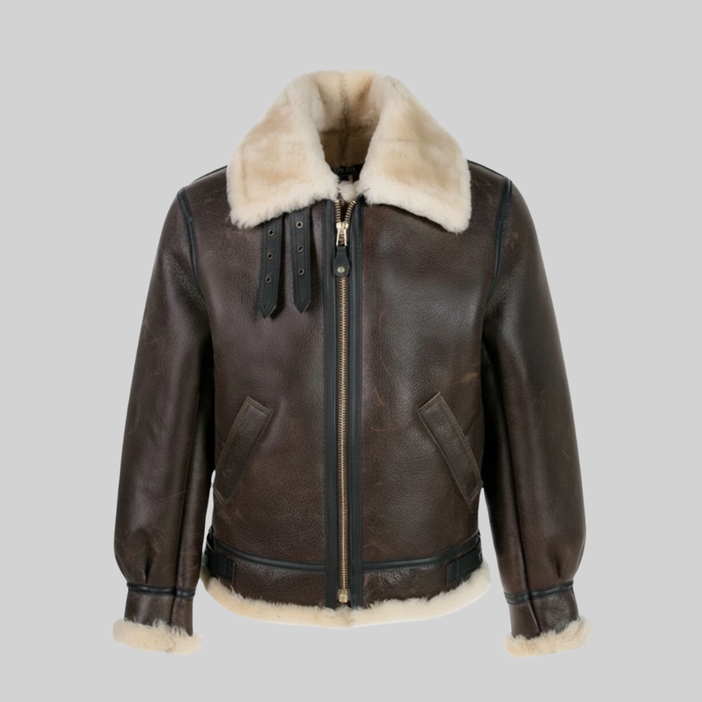 B3 Bomber Sheepskin Jacket Men Brown Shearling Flight Leather