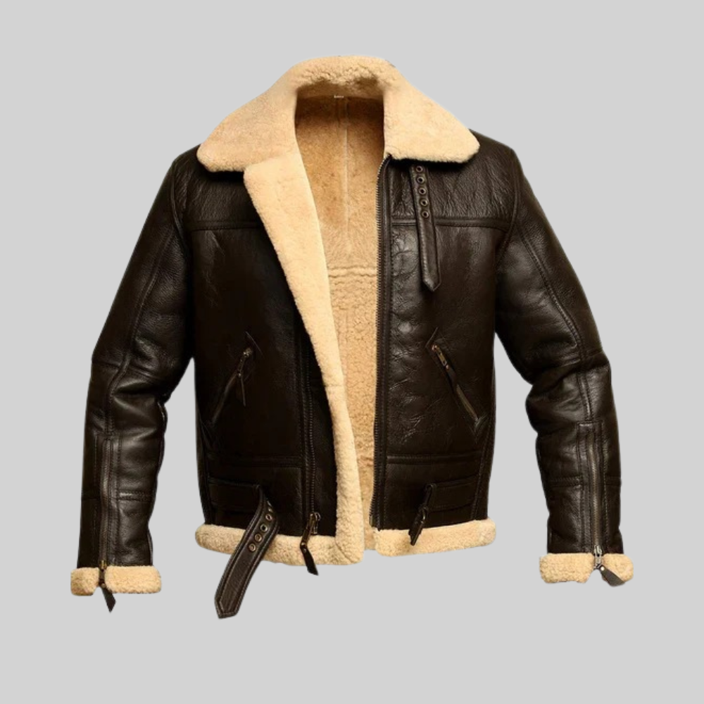 B3 Bomber Leather Jacket Mens Brown Shearling Aviator Winter