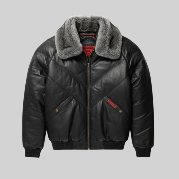 Black Leather Fur Bomber Jacket with Chevron Quilted Design