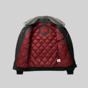 Black Leather Fur Bomber Jacket with Chevron Quilted Design