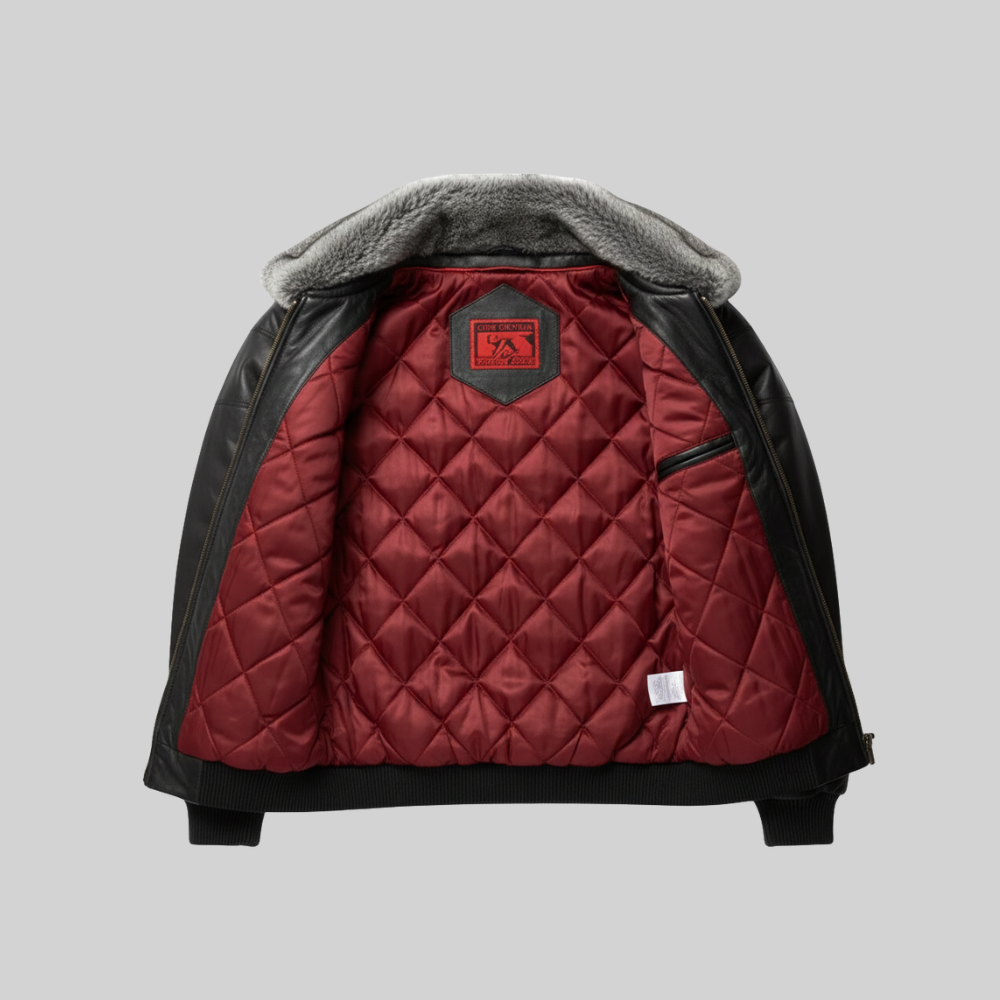 Black Leather Fur Bomber Jacket with Chevron Quilted Design
