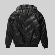 Black Leather Fur Bomber Jacket with Chevron Quilted Design