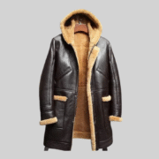 Men’s Brown Long Shearling Leather Hooded Parka Coat