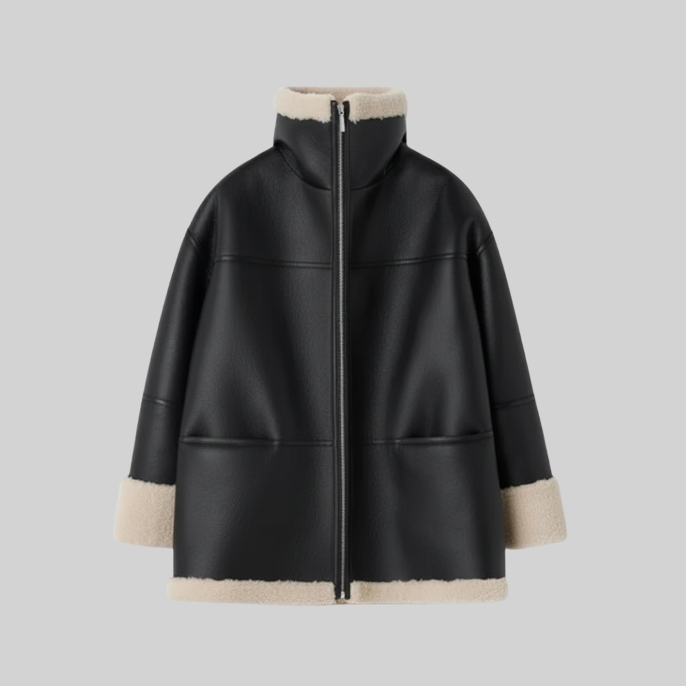 Black Shearling Aviator Jacket Premium Leather Warm Winter Coat