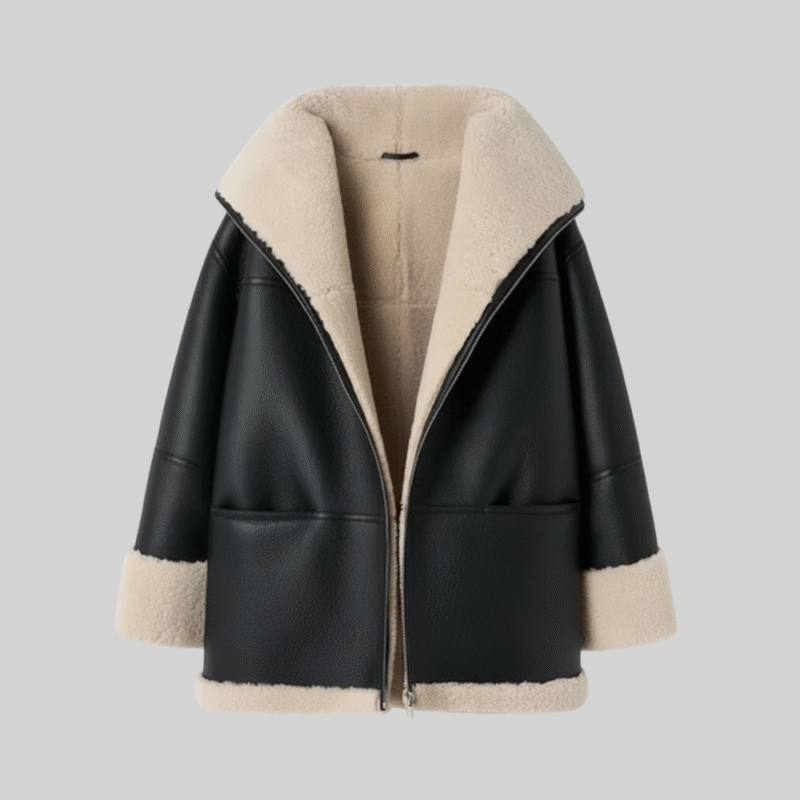 Black Shearling Aviator Jacket Premium Leather Warm Winter Coat