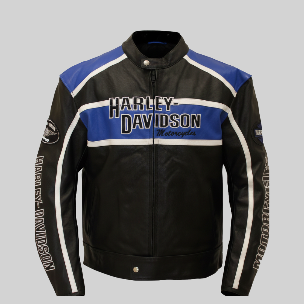Harley Davidson Leather Jacket Men Biker Riding Black Blue Coat
