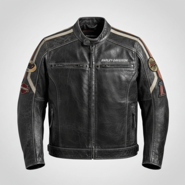 Harley Davidson Black Leather Biker Jacket with Racing Patches