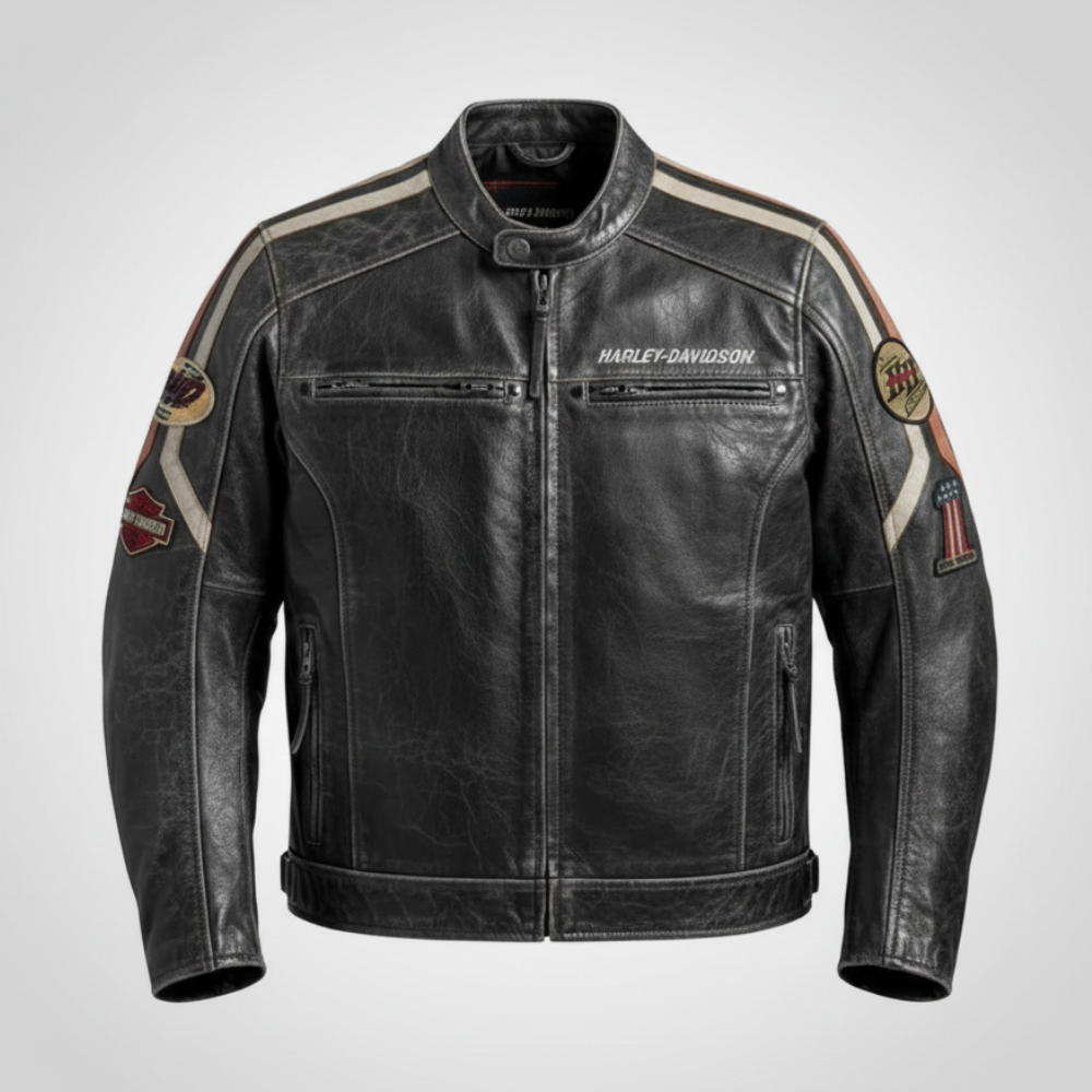 Harley Davidson Black Leather Biker Jacket with Racing Patches