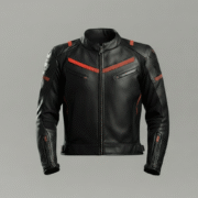 Black Leather Biker Jacket with Red Racing Stripes Moto Wear