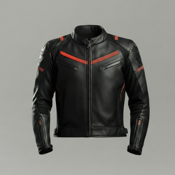 Black Leather Biker Jacket with Red Racing Stripes Moto Wear