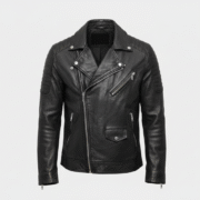 Black Leather Biker Jacket with Quilted Shoulder Padding for Men