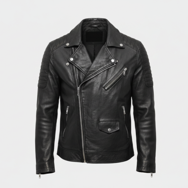 Black Leather Biker Jacket with Quilted Shoulder Padding for Men