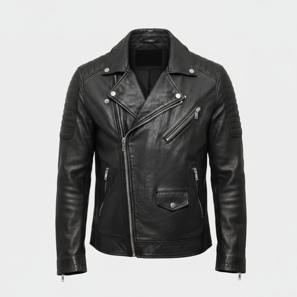 Black Leather Biker Jacket with Quilted Shoulder Padding for Men