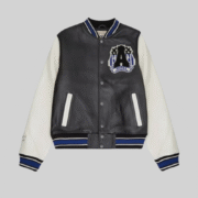 Avirex Black Varsity Jacket White Sleeves And Blue Striped Ribbing