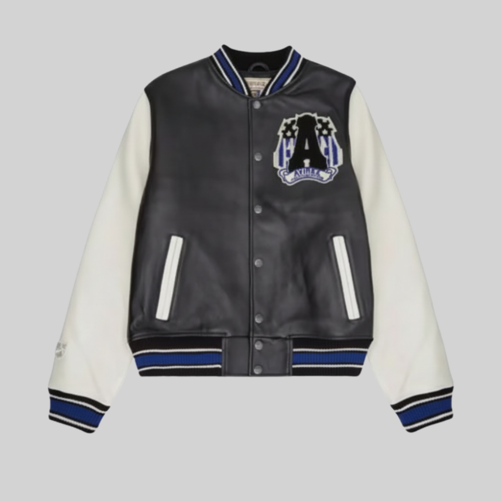 Avirex Black Varsity Jacket White Sleeves And Blue Striped Ribbing