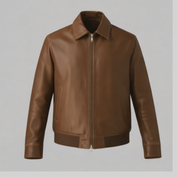 Brown Leather Bomber Jacket Premium Casual Slim Fit Outerwear