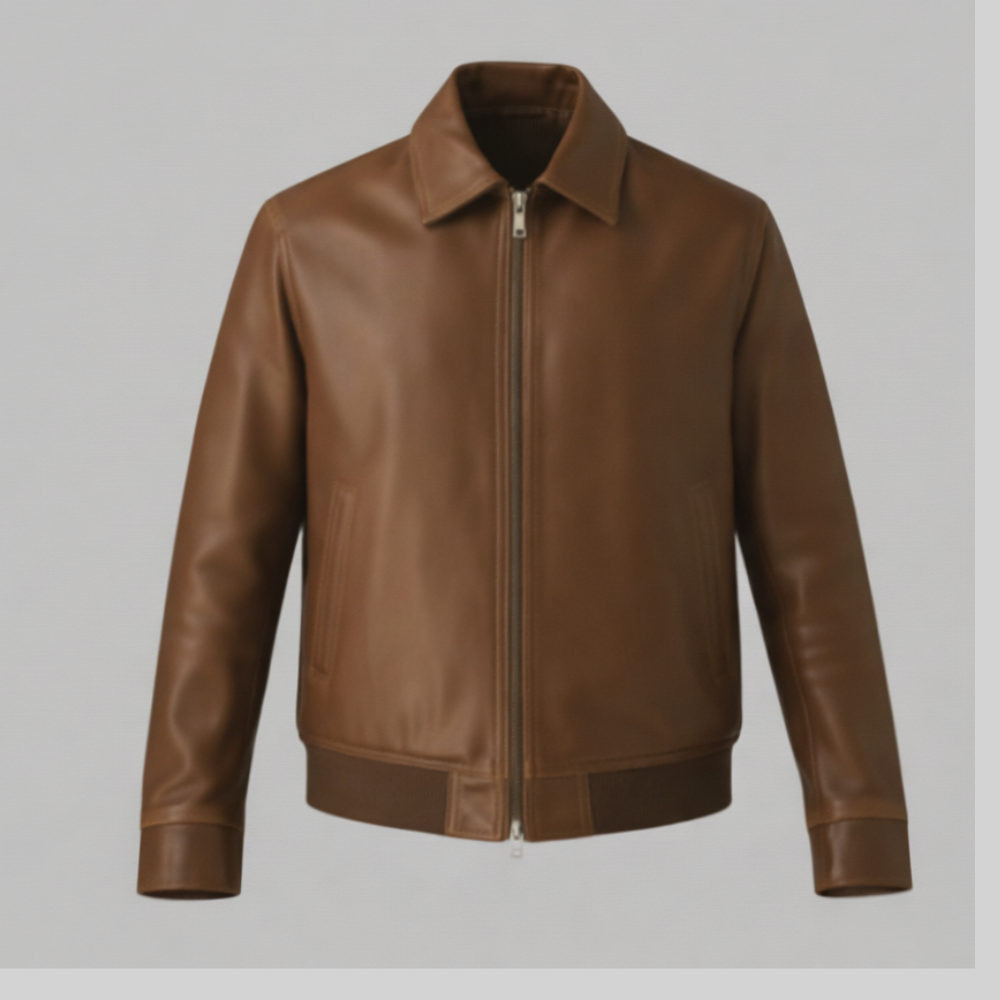 Brown Leather Bomber Jacket Premium Casual Slim Fit Outerwear