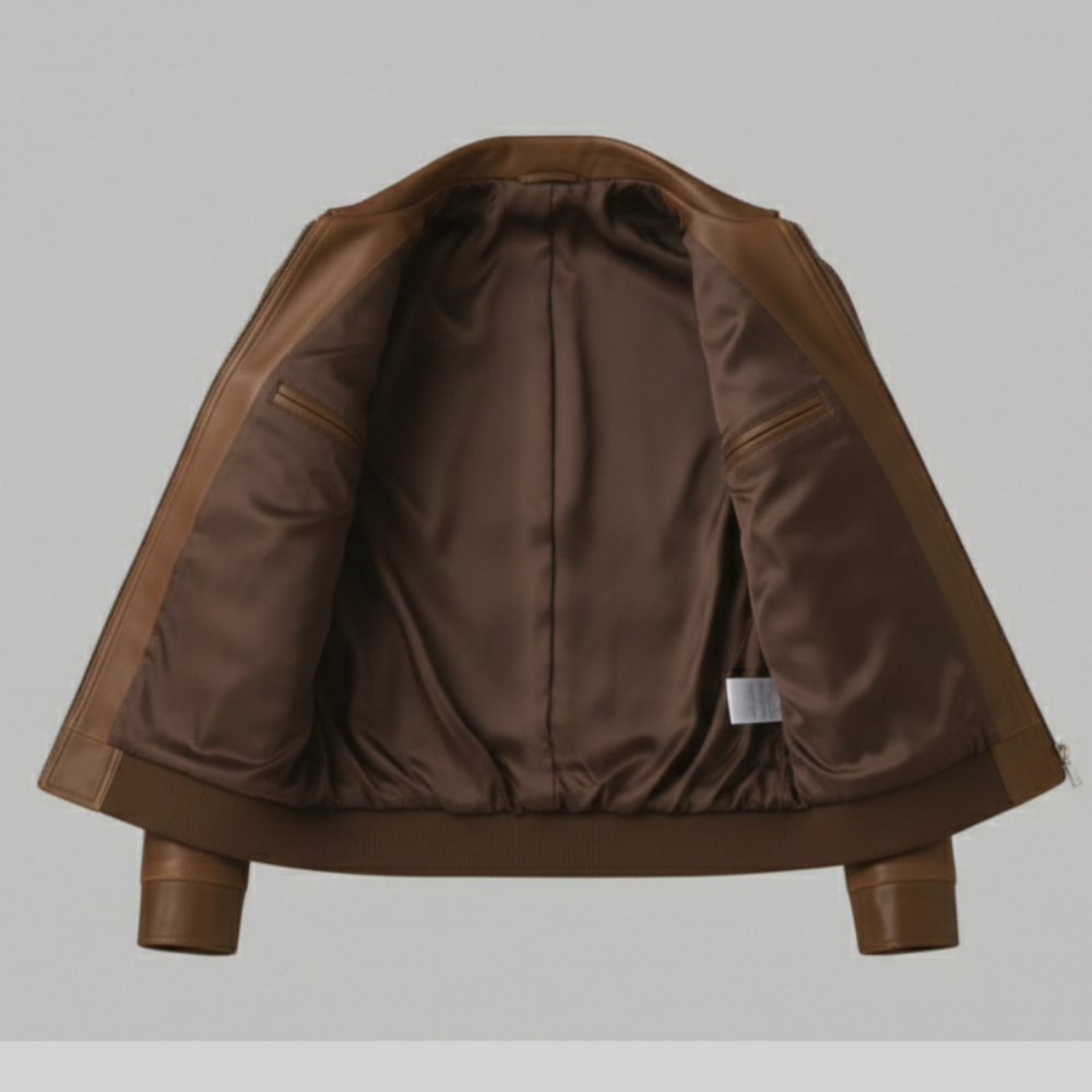Brown Leather Bomber Jacket Premium Casual Slim Fit Outerwear