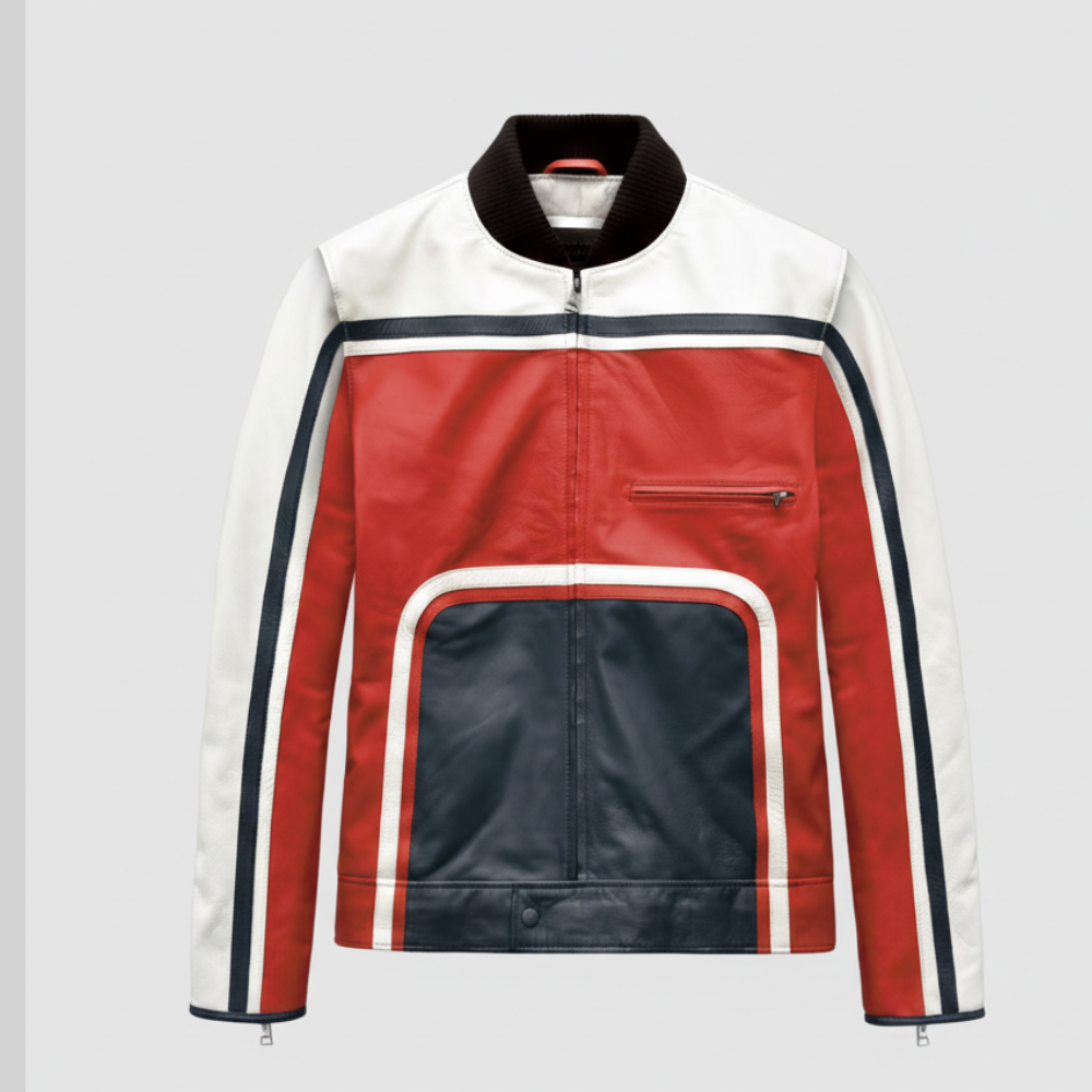 Retro Racing Leather Jacket Vintage Red White Blue Biker Style
